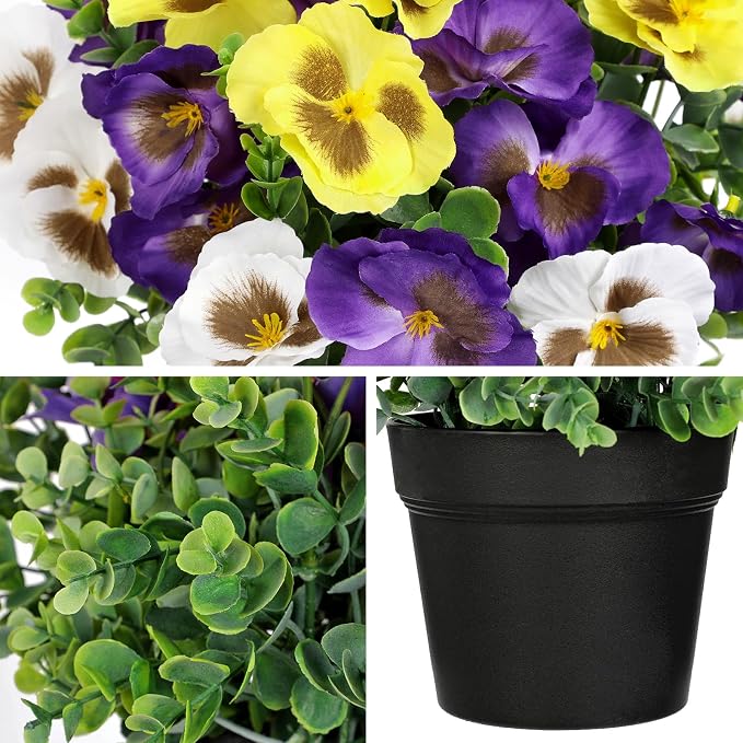 Briful Pansy Artificial Flowers, 13.7’’ Realistic Faux Pansy Flower in Black Pot, Fake Flowers for Indoor Outdoor Decor, Farmhouse Table Decor, All Seasons Flowers for Home Dining Porch Décor