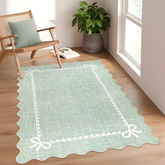 GarveeHome Scalloped Bow Rug 4x6 Washable Rugs for Living Room, Sage Green | Non Slip Soft Low Pile Indoor Carpet for Nursery Girls Bedroom Decor Hallway Kids Room College Dorm Playroom