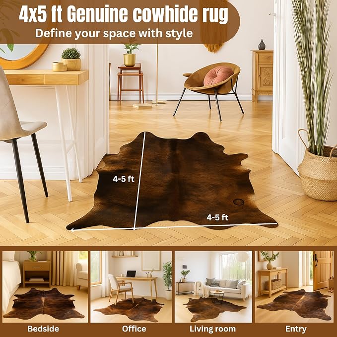 rodeo Genuine Cowhide Rug - Real Cow Hide Rug Large for Living Room & Bedroom - Western Rugs for a Natural Western Home Decor Ambiance - Rustic Cow Print Carpet Decor - 4x5 ft, Brindle