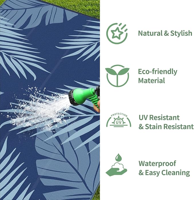 GENIMO Outdoor Rug 10' x 14' Waterproof for Patios Clearance, Reversible Outdoor Plastic Straw Camping Rug Carpet, Large Area Rugs Mats for RV, Camper, Deck, Balcony, Porch, Beach, Navyblue&Brightblue