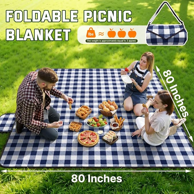 TigeJoy Extra Large Picnic Blanket Waterproof Foldable 80''x100'', Outdoor Picnic Mat Beach Blanket Sandproof for Park, Grass, Travel, Hiking, Camping Essentials, Gingham Picnic Blanket