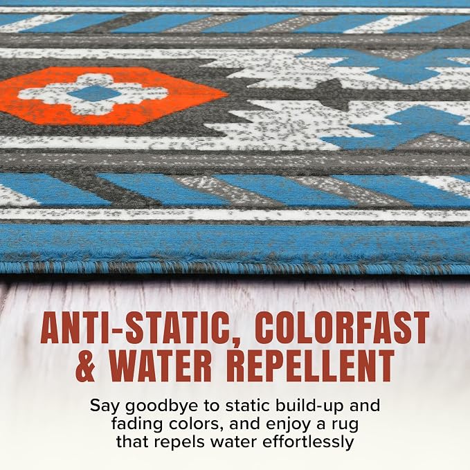 YHSF Southwestern Area Rug - Anti Static & Washable - Blue | Soft Native American Tribal Floor Rugs for Living Room, Bedroom, Hallways, and More - Easy-to-Clean Home Decors