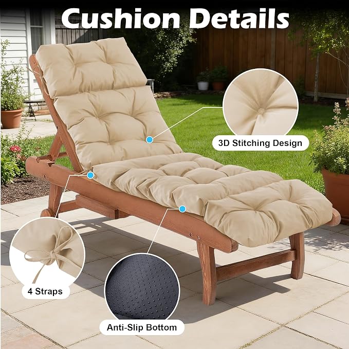 2 Pcs Chaise Lounge Cushions Outdoor,Waterproof & Fade Resistant Patio Lounge Chair Cushions for Outdoor Furniture, Chaise Cushion with Ties for Pool, Lawn and Beach, 75.1x22.8x4.7 Inch, Beige