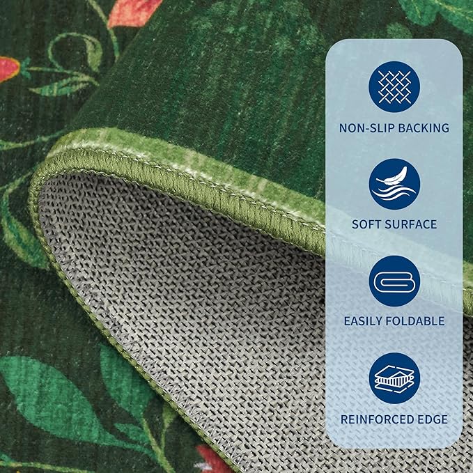 Washable Rug 8x10 Area Rugs for Living Room, Protea Floral Rug for Bedroom, Soft Vintage Non Slip Throw Rugs with Rubber Back, Low Pile Stain Resistant Boho Floral Carpet for Dining Room, Forest Green