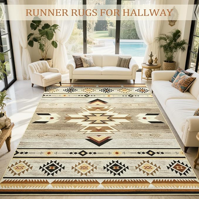 BENRON Western Area Rugs for Living Room Bedroom 6x9, Washable, Beige Brown | Non Slip Southwest aztec Large Rugs for Dining Table Kitchen Home Decor