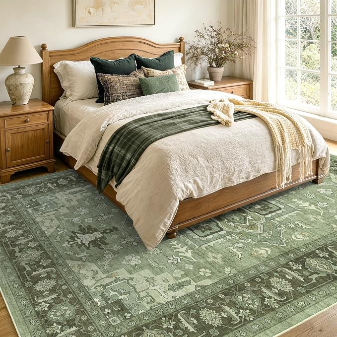 5x7 Ft Area Rugs for Living Room, Soft Non-Slip Machine Washable Rug, Vintage Stain Resistant Carpets for Bedroom Nursery Dining Room Home Decor (Green)