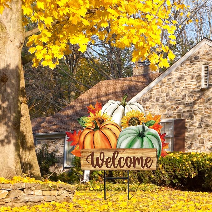 JarThenaAMCS Fall Pumpkin Metal Garden Stakes Green Orange White Pumpkin Decorative Lawn Sign Autumn Harvest Welcome Yard Sign for Thanksgiving Home Outside Lawn Porch Decor