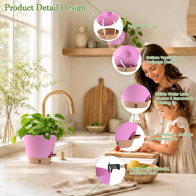 Self Watering Pots for Inoor Ourdoor Plants 10/9/8/7/6.5 Inch Plastic Planters with Drainage Holes & Water Level Indicator, Decorative House Flower Nursery Planting Pots with Saucers (Dusty Rose/Pink)