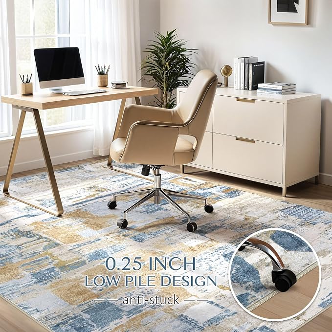 kakania Abstract 5x7 Area Rugs for Living Room: Washable Rugs Blue | Soft, Non-Slip, Low-Pile, Pet & Kid Friendly - Modern Home Decor Carpet for Bedroom/Dining Room/Office/Nursery