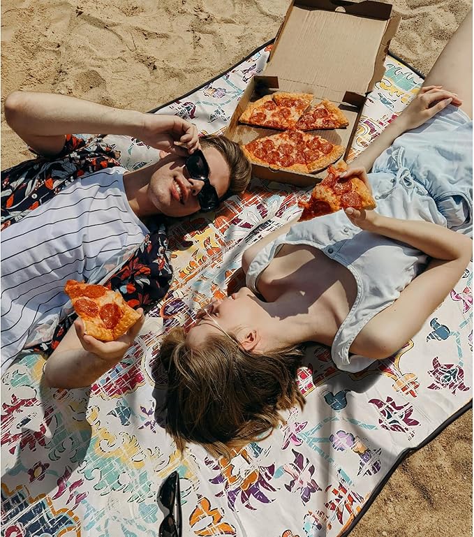 Picnic Blankets Extra Large Waterproof, 80"x 60" Vintage Boho Beach Mat with Corner Pockets Windproof Sandproof Foldable Portable 3-Layer Mat Darker for Wet Grass,Parks,Music Festival,Camping,Concerts
