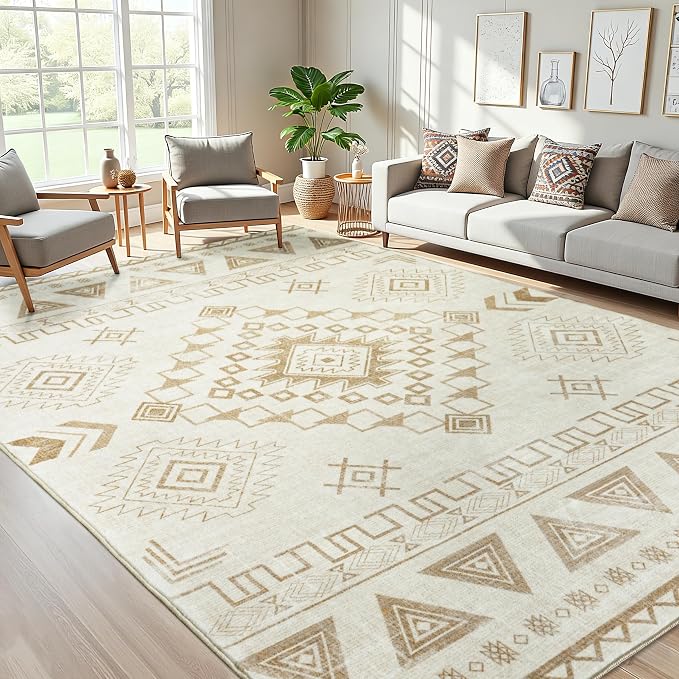 5x7 Western Rustic Aztec Area Rug for Living Room Bedroom Dining Room | 5x7 Southwestern Tribal Warm Beige Low Pile Faux Wool Rug, Machine Washable Non-Slip Carpet for Living Room Dining Bedroom