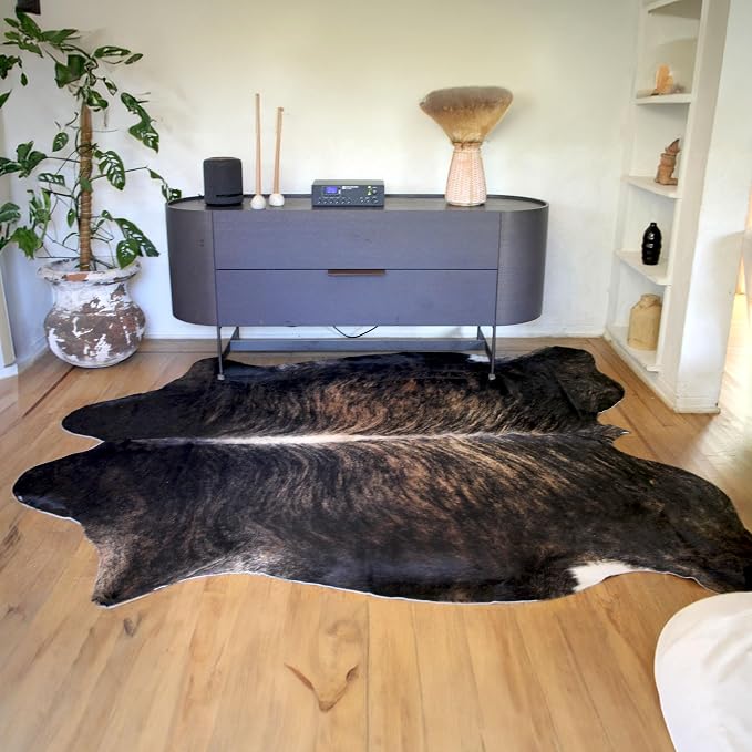 Dark Brindle Cow Hide Rug 5x7 ft, Genuine Hair on Hide | Real cowhide rug, dark brown and black brindle stripes. Natural cow skin anchor piece for modern, boho or western rooms