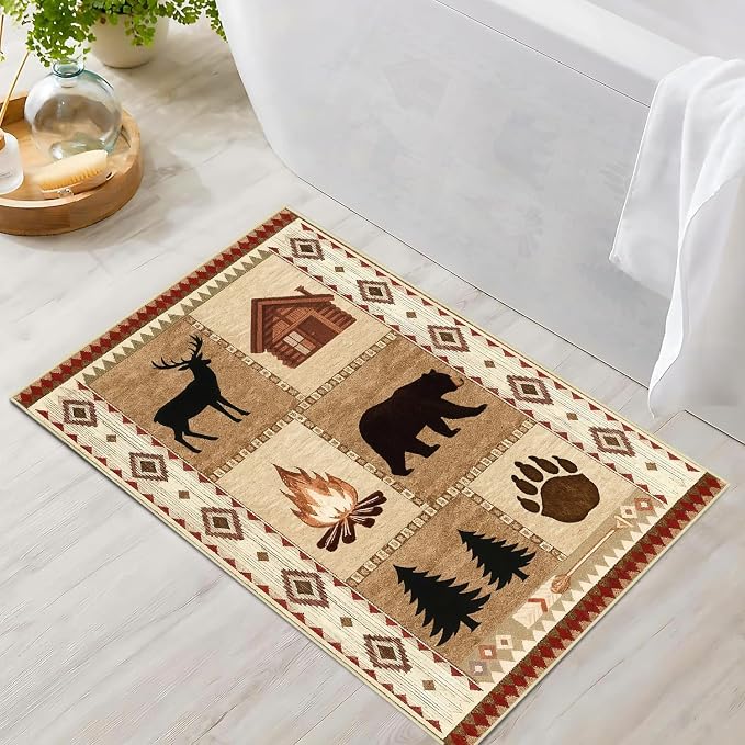 Cabin Bear Rustic Rug 2x3 for Entryway Lodge Deer Wildlife Country Area Rug Farmhouse Animal Western Door Mat Machine Washable Non-Slip Printed Low-Pile Carpet for Kitchen Bathroom Laundry Room