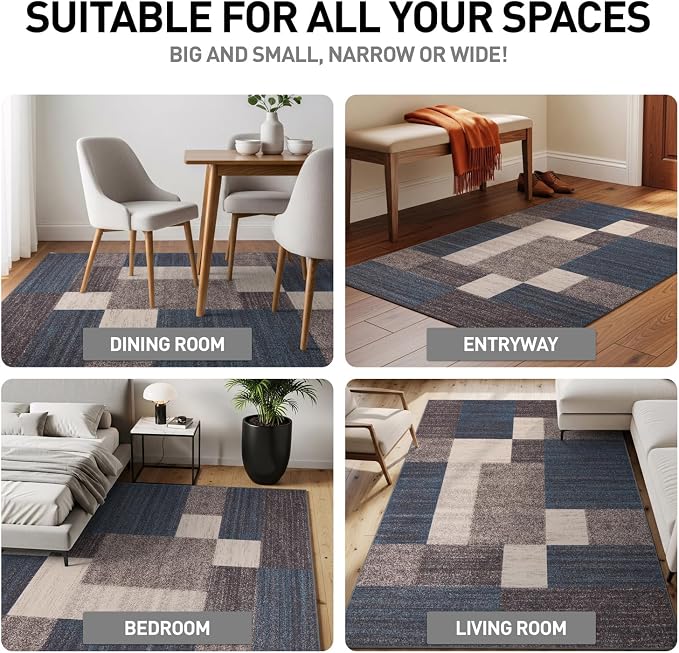 Rugshop Modern Boxes Non-Slip Living Room Kitchen Area Rug Blue 2'7" x 4' | Rectangular, Size 2'7" x 4', Bedroom, Dining Room, Home Office, Entryway, Hallway, Nursery, Kids Room, Guest Room, Bedside
