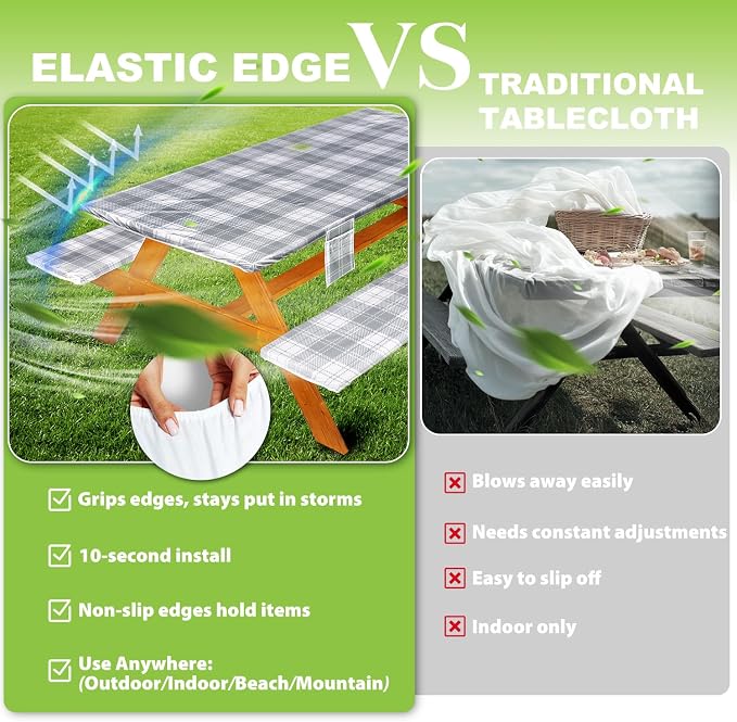 Fitted Picnic Table Cover with Bench Covers Waterproof Elastic Edges Rectangle Patio Tablecloth Outdoor Camping Essentials Stuff Rv Accessories Summer Trip Travel Camper Gifts for Woman Men, 96in 8 ft