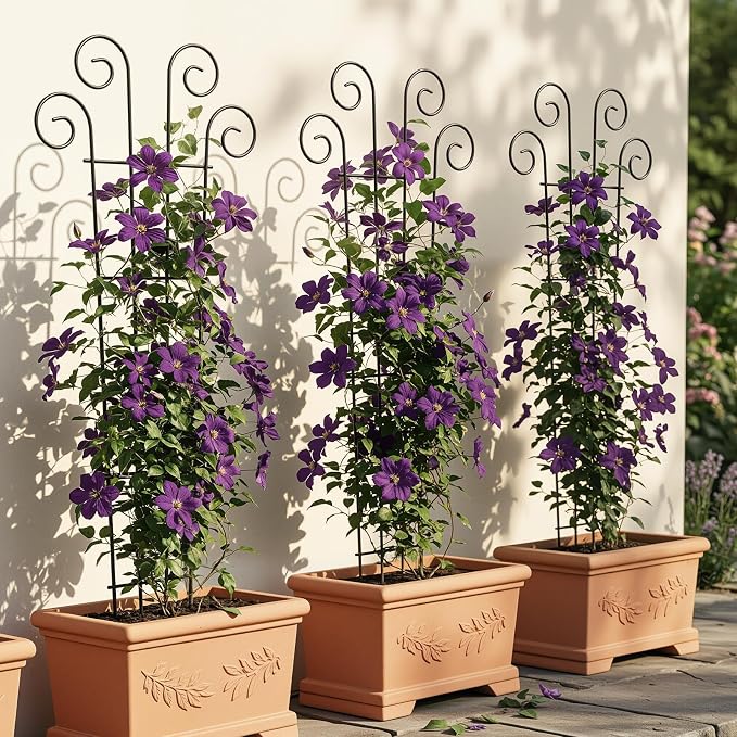 Thealyn 4 Pack 56 Inch Plant Trellis for Potted Plants, Metal Garden Trellis for Climbing Plants, Indoor Outdoor Decorative Vine Support for Pots, Wave Shape, Black