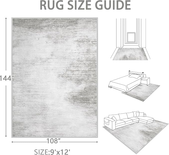 Area Rugs 9x12 Living Room: Washable Rug Modern Abstract Large Rugs Soft Non Slip Neutral Rug Stain Resistant Indoor Carpet for Bedroom Kitchen Dining Room Home Office Rugs(Grey,9'x12')