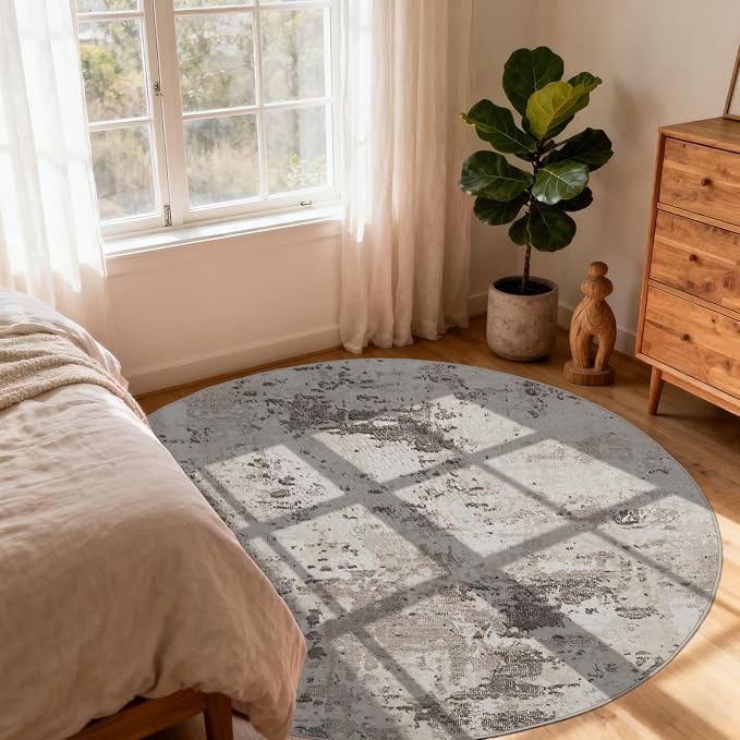 ROYHOME Modern Abstract 8x8 Round Area Rug Non Slip Non Shedding Rug Low Pile Stain Resistant for Bedroom Living Room Office Dining Room,Brown Grey