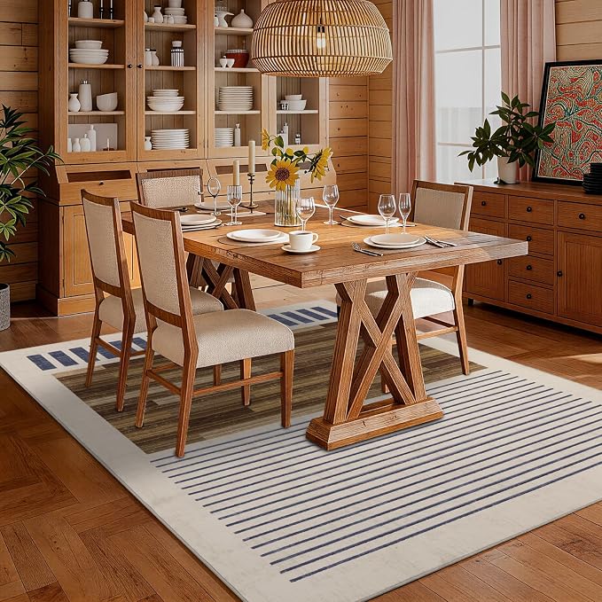 5x7 Washable Area Rug for Living Room, Modern Geometric, White Brown Black | Abstract Striped Color Block, Ivory Low Pile Non Slip Rug for Bedroom Dining Room Office, Soft Faux Wool