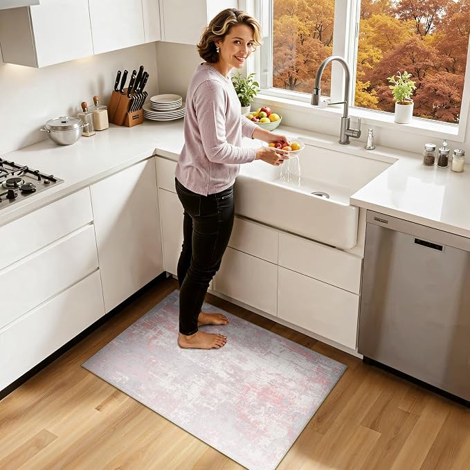 RELEANY Washable 2'x3' Abstract Area Rug for Living Room Gray Pink | Carpet for Bedroom, Kitchen, Office, Hallway and Entryway, Printed Pattern, Non‑Slip, Soft, Stain‑Resistant, Easy to Clean
