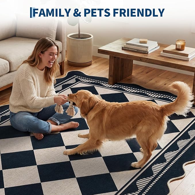 Garvee Easy Jute 8x10 Area Rug Scalloped Rugs for Living Room，Black/White | Indoor Outdoor Washable Rugs for Bedroom Non Slip Stain Resistant Low Pile Throw Rug for Dining Room Nursery
