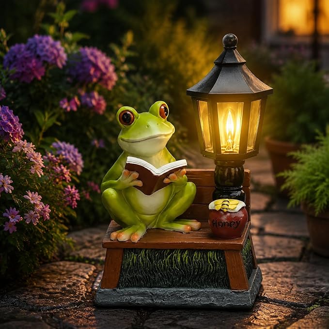 Frog Garden Statue Home Outdoor Decor - Solar Frogs Learning Sculptures Auto LED Waterproof Lights, Garden Outside Figurine Ornament, Women/Gardening/Housewarming Gift for Yard/Pond