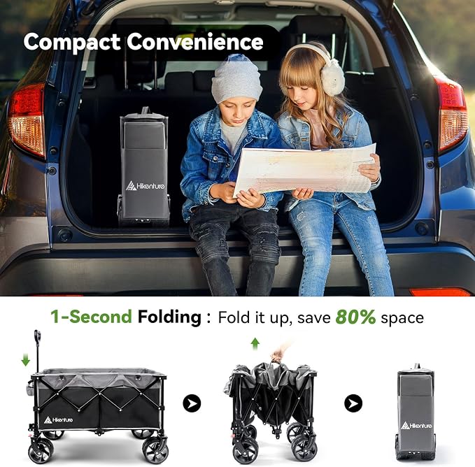 Hikenture Foldable Beach Wagon with Big Wheels for Sand, 330 lbs Capacity | Large wagon for beach, camping, sports & grocery hauling; Big wheels for sand & gravel; One-hand fold