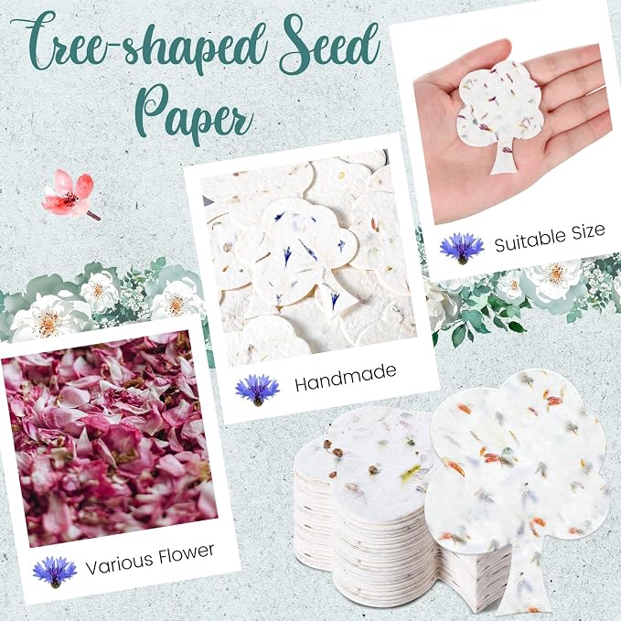 Dunzoom 50 Pcs Handmade Seed Paper Plantable Wildflower Seed Paper Recycled Flower Petals Tags Wedding Favors for Guests Craft Gifts Cards for Envelope Birthday Party, 5 Styles (Tree Shape)