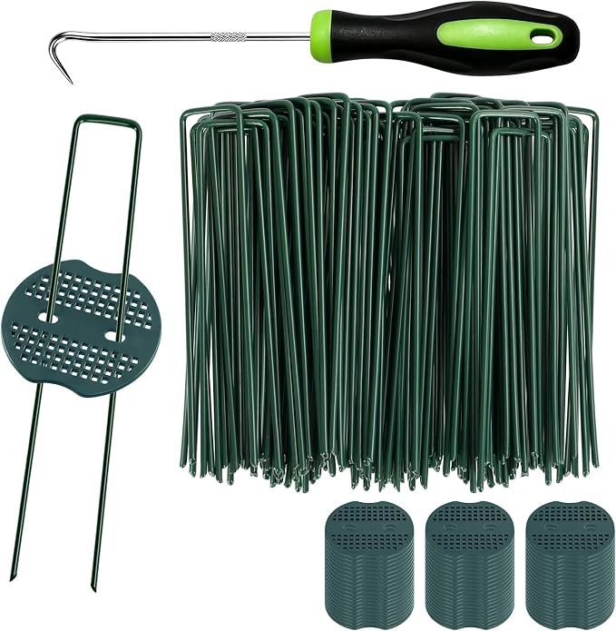 FEED GARDEN 6 Inch 200 Pcs Galvanized Landscape Staples 200 Pcs Gaskets Pick Hook Garden Stakes 11 Gauge Anti-Rust Landscaping Fabric SOD Pins U Shaped Yard Turf Stakes for Weed Barrier Fabric Green