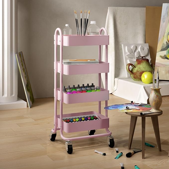 4 Tier Metal Rolling Cart Pink Utility Cart with Wheels,Rolling Pink Cart for Office,Home,Kitchen,Garden（13.4"x18.1"x40"）