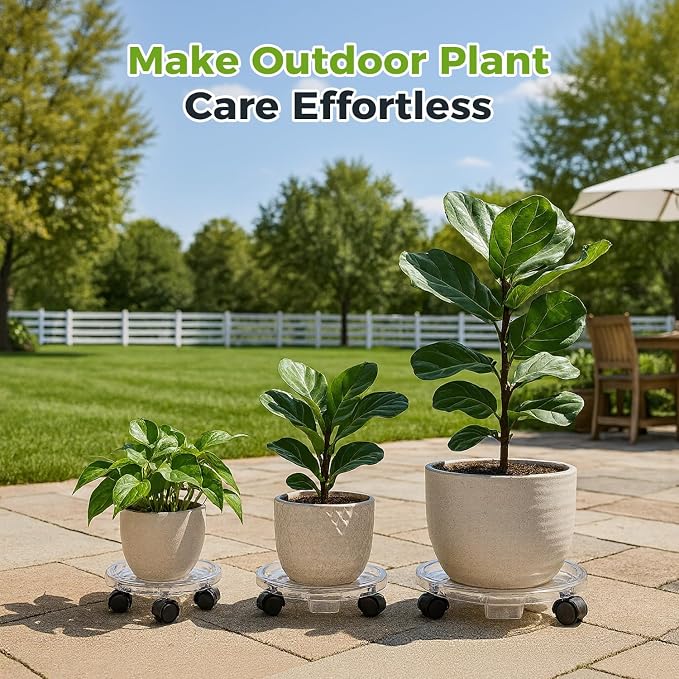 4 Packs 13 Inches Large Clear Plant Caddy Plant Saucers on Wheels Rolling Plant Stands Heavy-duty Plant Dolly Plastic Planter Roller Base Pot Movers Outdoor Plant Tray Coaster