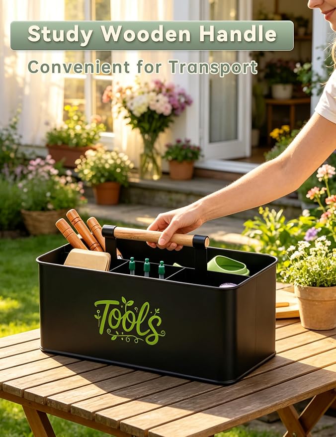 Gardening Tool Caddy, Garden Tool Basket with 4 Compartments, Metal Garden Caddy with Wooden Handle for Indoor & Outdoor