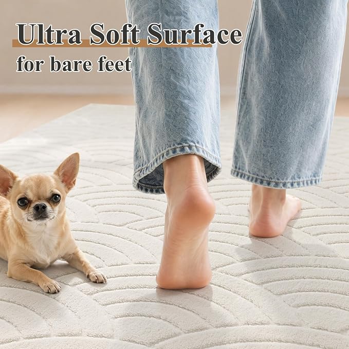 SHACOS Soft Cozy Fluffy Arch Waves Pattern High-Low Textured Area Rug 5'x7' | Non Slip Washable Minimalist Modern Graphic Rainbow Carpet for Living Room Bedroom Bathroom Dining Room, Cream