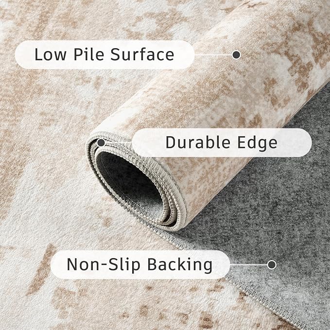 DCX Washable Abstract Area Rug 9x12, Non Slip Low Pile Rug, Beige | Easy to clean, non-shedding, soft, kid & pet friendly, with a non-slip rubber backing for living rooms, bedrooms, and offices
