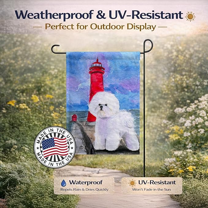 Caroline's Treasures SS8891GF Lighthouse with Bichon Frise Garden Flag Mailbox Flag Decorative Yard Flag Banner Outside Patio Artwork Yard Flower Beds, Garden Size, Multicolor
