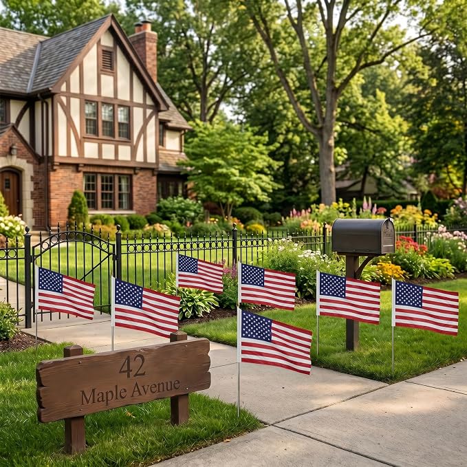 AMZFLAG 6 Pack Small American Flags on Stick 12x18 Inch for 250th Anniversary, Heavy Duty Mini Hand Held Handheld US USA Flags with Retractable Pole for 4th of July Outside Yard Garden Decorations