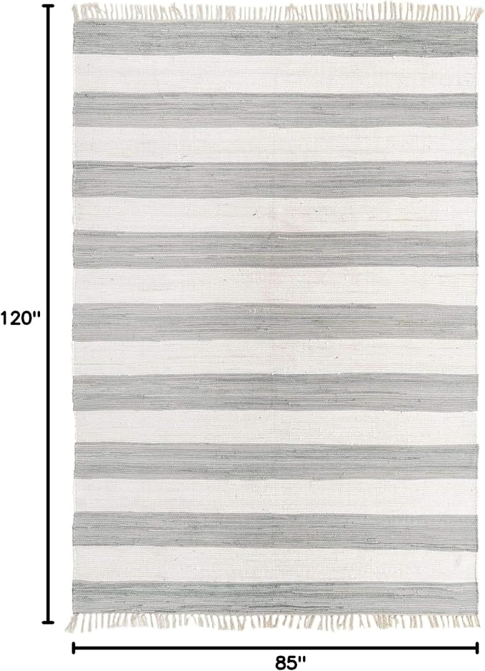 Unique Loom Chindi Rag Collection Area Rug - Striped (7' 1" x 10' Rectangle, Gray/ Ivory)
