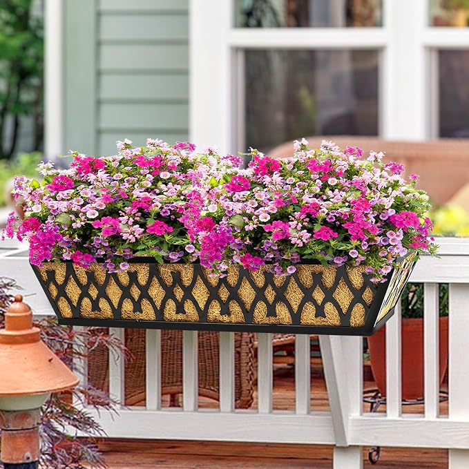 2 Pack 30 Inch Window Boxes Planters Railing Planter Box with Adjustable Brackets for Porch Fence Patio Balcony Hanging Flower Baskets with Coco Liners for Outdoor Garden Decor - Black