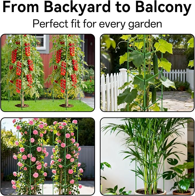 Halatool 57" Tall Tomato Cages, 4 Pack Heavy Duty Plant Support for Garden | Metal Stakes for Raised Beds and Pots, Adjustable Foldable Trellis for Cucumbers, Peppers, Flowers, and Climbing Plants