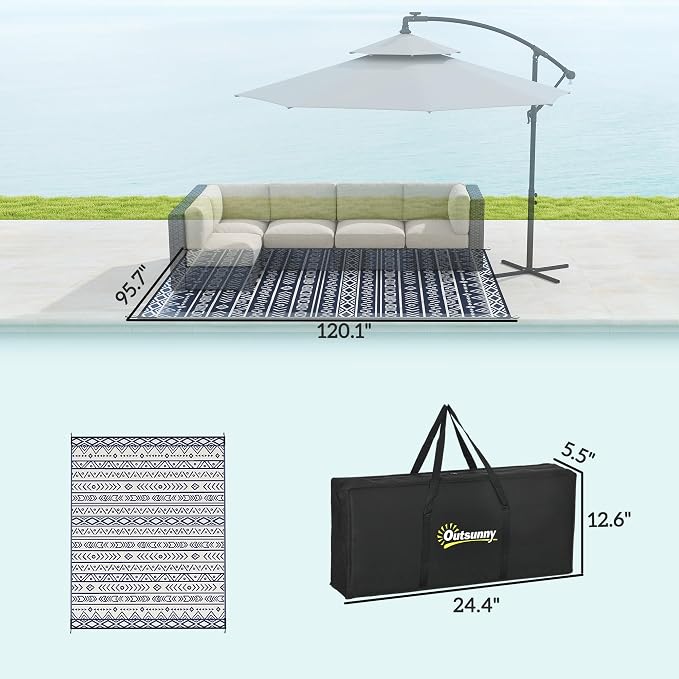 Outsunny Outdoor Rug for Patio, 8' x 10' Waterproof Large Mat, Reversible Plastic Straw Rug for Decor, Portable Outside RV Camping Area Carpet Mat for Backyard Porch Deck Picnic, Blue White Geometric