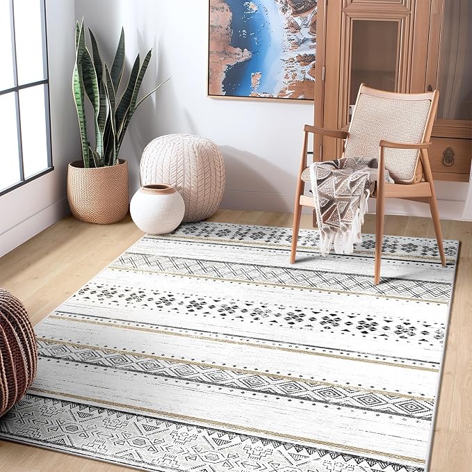 4x6 Washable Area Rugs for Living Room Boho Bedroom Rug Black/Brown | Vacuum Friendly, Machine Washable, Non-Slip Rug, Stain Resistant, Moroccan Geometric, Low Pile Carpet, Dining Room Kitchen