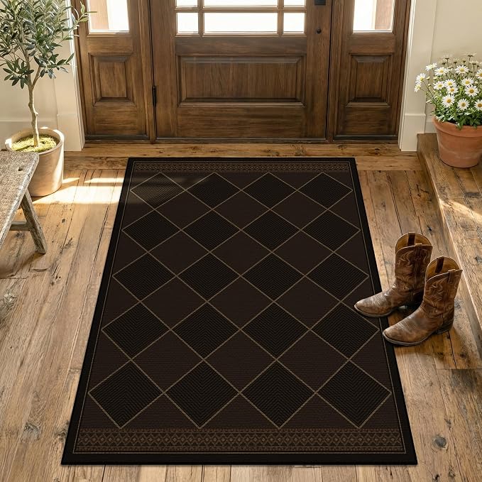 Outdoor Indoor Checkered Entryway Rug 3x4, Washable Durable Non-Slip Low Pile Boho Easy Jute Rug for Porch, Kitchen, Patio & Backyard, Modern Dark Brown Diamond Geometric Pattern Stain Resistant