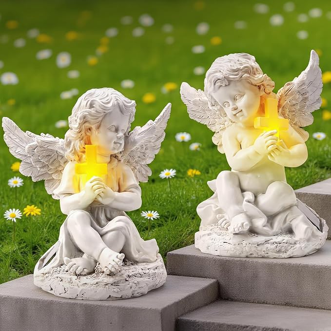 Solar Garden Statues Angel with Cross, 2 Pack Outdoor Garden Decor for Yard, Patio Decorations Gifts for Mom Grandma Women, Solar Angel Lawn Ornaments for Outside Porch Flower Bed Decor