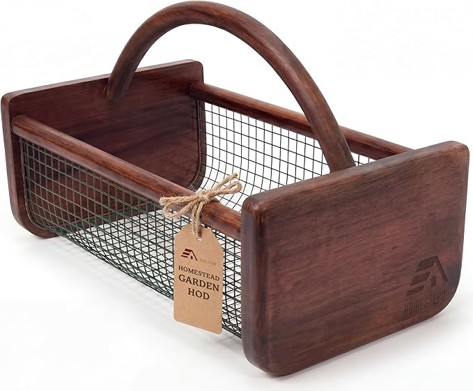 HOMESTEAD Garden Hod Harvest Basket, Durable Acacia Wood Frame with Rotating Handle, Farmhouse Basket for Home Improvement, Gardening, Farm, Kitchen, Indoor Outdoor Use, Brown