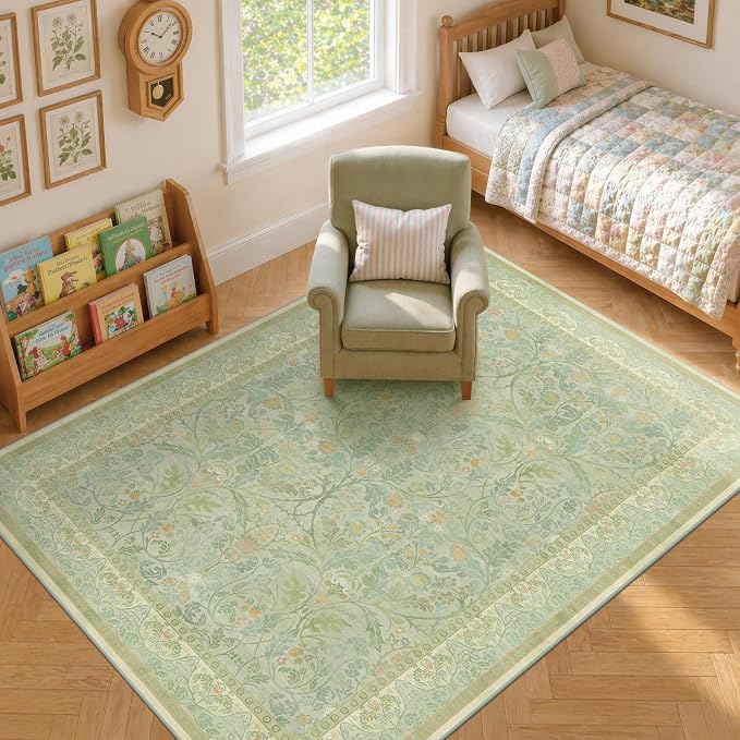 Sage Green Living Room Rugs 5x7, Soft Washable Non Slip Area Rugs for Nursery, Bedroom, Playroom, Dorm, Light Green Low Pile Floor Mat, French Country Aesthetic Indoor Carpet