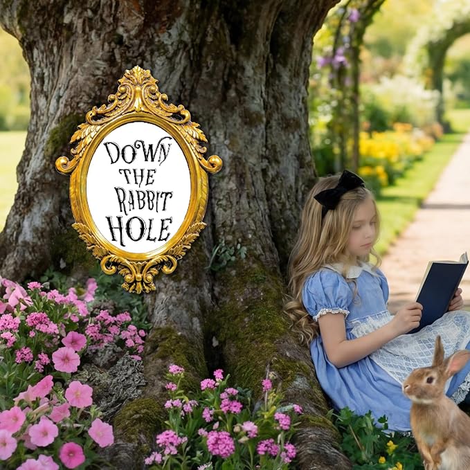 Preboun Wonderland Tea Party Decor Outdoor 11.81 x 8.66'' Down The Rabbit Hole Garden Decor Yard Sign Vintage Waterproof Gold Oval Mirror Tea Party for Wonderland Birthday Baby Shower Lawn Garden
