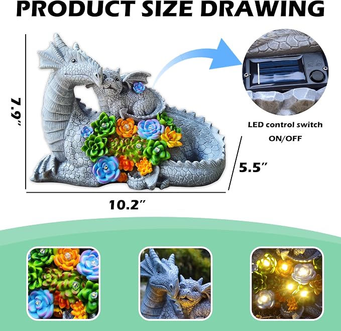 Solar Dragon Garden Statues Outdoor Decor, Resin Dragon Figurine with Succulent and 6 LED Lights Lawn Patio Balcony Art Decoration,Housewarming Birthday Gifts for Grandma Mom Women