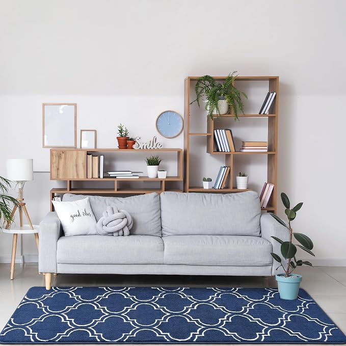 Chicrug 2x6 Shag Geometric Modern Runner Rug for Bedroom Hallway | Memory Foam Indoor Runner Carpet, Fluffy Rug for Living Room Bedside Room for Family, Navy and White