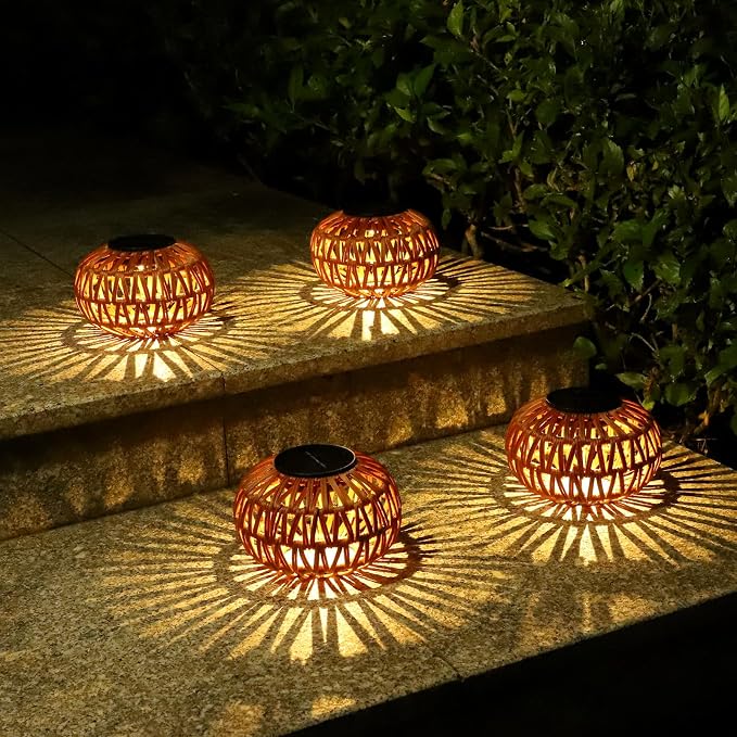 Solar Lights Outdoor Waterproof, 4 Pack Rattan Solar Lantern, Outdoor Solar Lights for Yard, Solar Table Lanterns Decorative, Solar Garden Lights Table Lamp Decor, Outdoor Table Lights Solar Powered