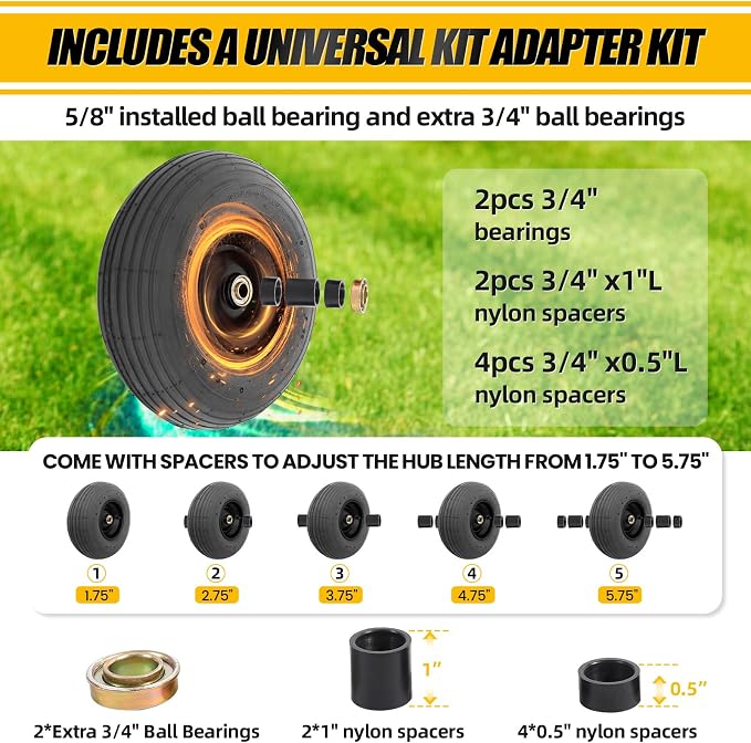 MZREXN 4.00-6" Tire and Wheel, 13" Pneumatic Wheelbarrow Tires, 2pcs | 5/8" extra 3/4" Bearings, 1.75"-5.75" Centered Hub, Replacement Tire for Dolly,Garden Carts Hand Truck,Wagon,Trolley